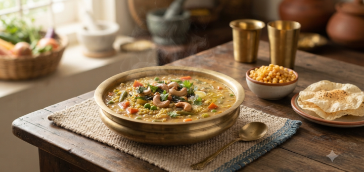 Millet Bisi Bele Bath with foxtail millet, vegetables, curry leaves and cashews