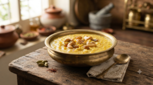 Moong dal kheer with Milkmaid topped with cashews, raisins and saffron