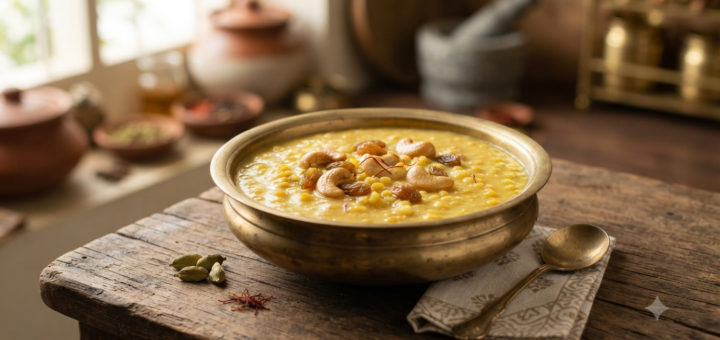 Moong dal kheer with Milkmaid topped with cashews, raisins and saffron