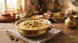 Moong dal kheer with sugar topped with roasted cashews and raisins