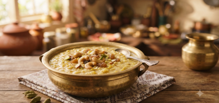 Moong dal kheer with sugar topped with roasted cashews and raisins