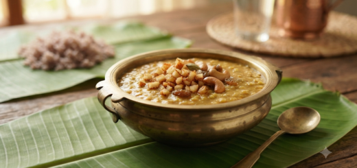 Moong Dal Payasam Kerala style with jaggery, coconut milk and fried coconut pieces