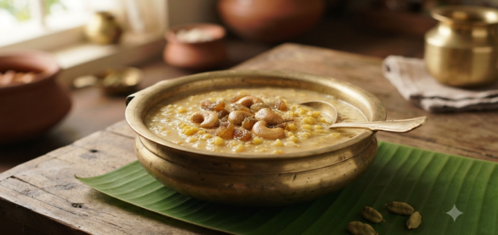 Moong dal payasam without coconut milk made with dairy milk and jaggery