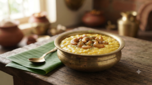 Moong dal payasam without milk with jaggery, cardamom and roasted cashews