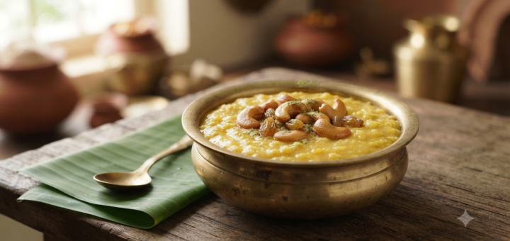 Moong dal payasam without milk with jaggery, cardamom and roasted cashews