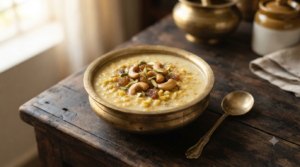Moong dal payasam with condensed milk, cardamom, cashews and raisins