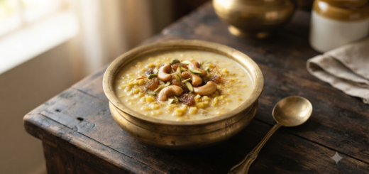 Moong dal payasam with condensed milk, cardamom, cashews and raisins