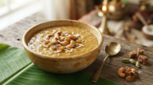 Moong dal payasam with jaggery topped with cashews and raisins