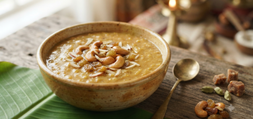Moong dal payasam with jaggery topped with cashews and raisins
