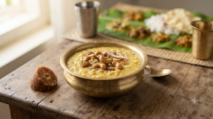 Moong dal payasam with milk served with jaggery, cashews and raisins