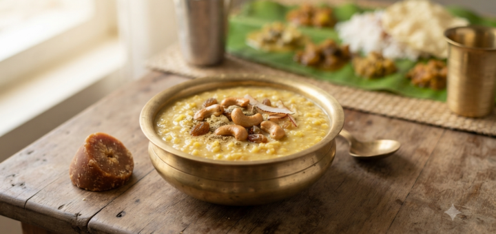 Moong dal payasam with milk served with jaggery, cashews and raisins