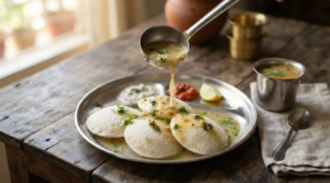Moong dal sambar for idli poured over soft steamed idlis on a steel plate with coriander garnish