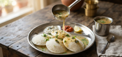 Moong dal sambar for idli poured over soft steamed idlis on a steel plate with coriander garnish