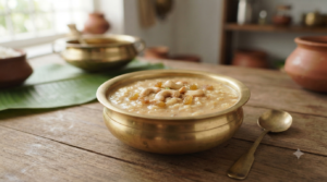 Paal payasam with jaggery served with roasted cashews and raisins