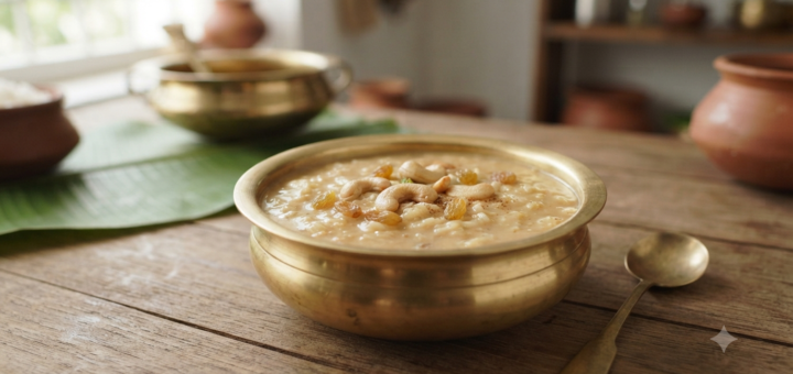 Paal payasam with jaggery served with roasted cashews and raisins