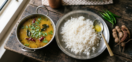 Pappu Charu Telangana Style in a steel bowl with rice, tamarind and curry-leaf tempering