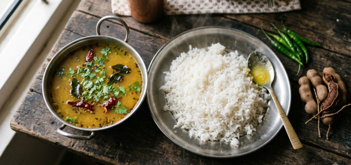 Pappu Charu Telangana Style in a steel bowl with rice, tamarind and curry-leaf tempering
