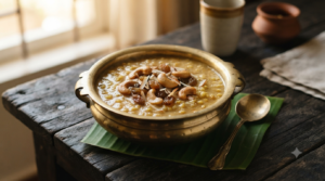Paruppu payasam with coconut milk, jaggery, cashews and raisins