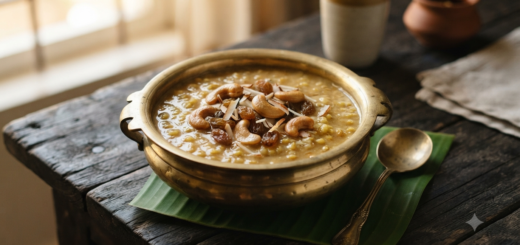 Paruppu payasam with coconut milk, jaggery, cashews and raisins