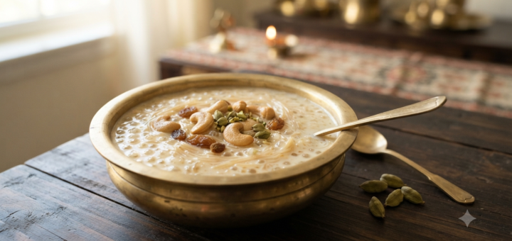 Payasam recipe with sago and vermicelli topped with cashews and raisins