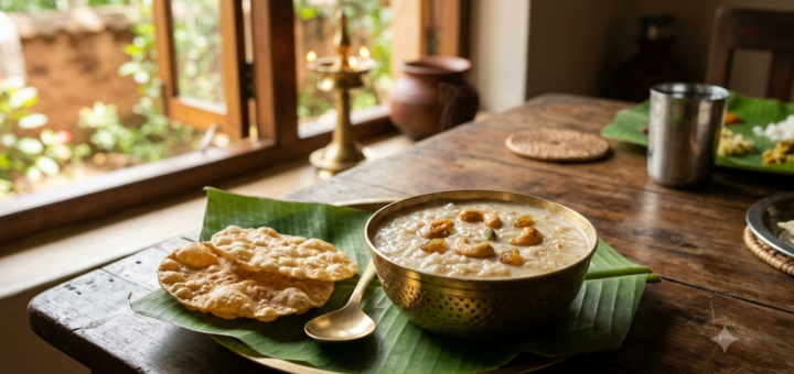Payasam with appalam served in a bowl with creamy rice payasam and crispy South Indian wafers