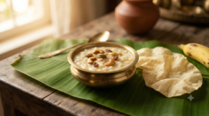 Payasam with appalam served as creamy rice payasam with crisp appalam on the side