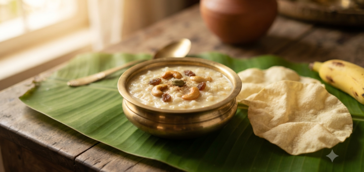 Payasam with appalam served as creamy rice payasam with crisp appalam on the side