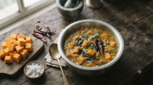 Pumpkin sambar recipe served in a steel bowl with intact orange pumpkin cubes and curry leaf tempering
