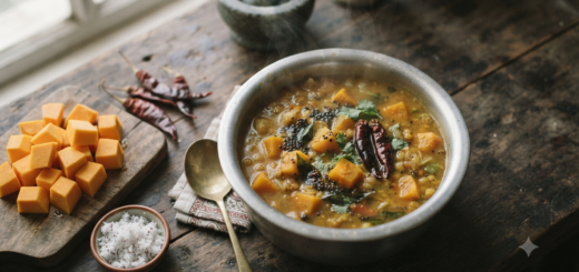 Pumpkin sambar recipe served in a steel bowl with intact orange pumpkin cubes and curry leaf tempering