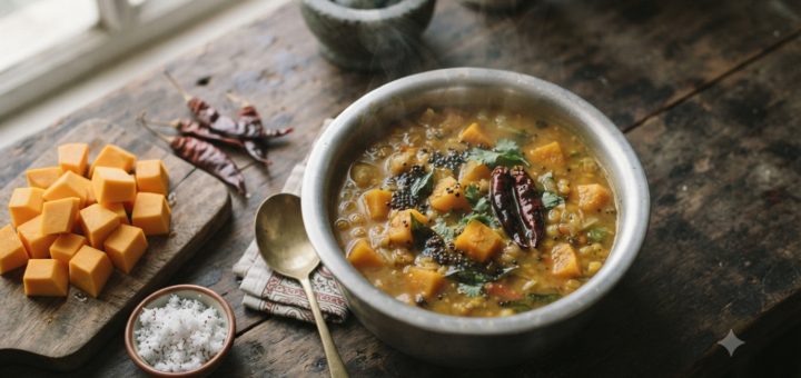 Pumpkin sambar recipe served in a steel bowl with intact orange pumpkin cubes and curry leaf tempering