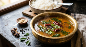 Rasam recipe without garlic served hot in a bowl with curry leaves and coriander garnish
