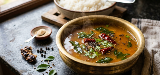 Rasam recipe without garlic served hot in a bowl with curry leaves and coriander garnish