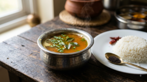 Rasam Recipe Without Onion served hot in a steel bowl with curry leaves and coriander garnish