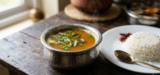 Rasam Recipe Without Onion served hot in a steel bowl with curry leaves and coriander garnish