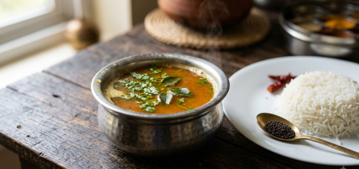 Rasam Recipe Without Onion served hot in a steel bowl with curry leaves and coriander garnish