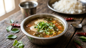 rasam with MTR rasam powder served hot in a steel bowl with rice and coriander