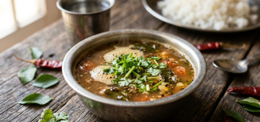 rasam with MTR rasam powder served hot in a steel bowl with rice and coriander