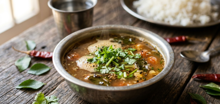rasam with MTR rasam powder served hot in a steel bowl with rice and coriander