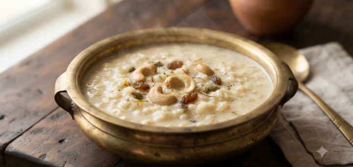 Rice payasam recipe with creamy milk, rice, cashews and raisins
