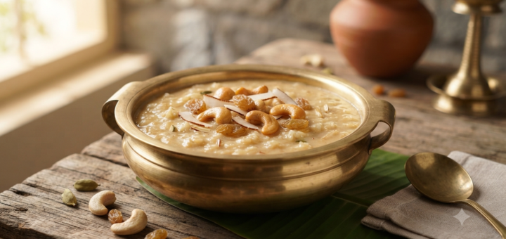 Rice payasam with jaggery in a brass bowl with roasted cashews and raisins
