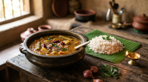 Sambar Recipe Rice Kerala served hot over steamed rice with coconut oil tempering and curry leaves