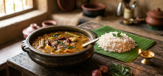 Sambar Recipe Rice Kerala served hot over steamed rice with coconut oil tempering and curry leaves