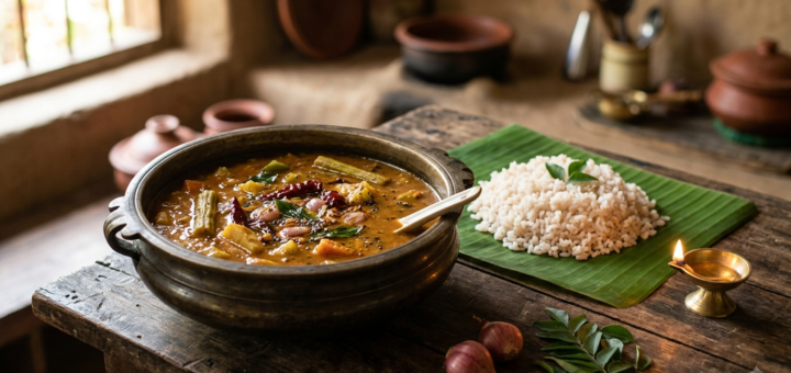 Sambar Recipe Rice Kerala served hot over steamed rice with coconut oil tempering and curry leaves
