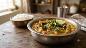 Sambar recipe with chana dal served thick with vegetables, curry leaves and coriander