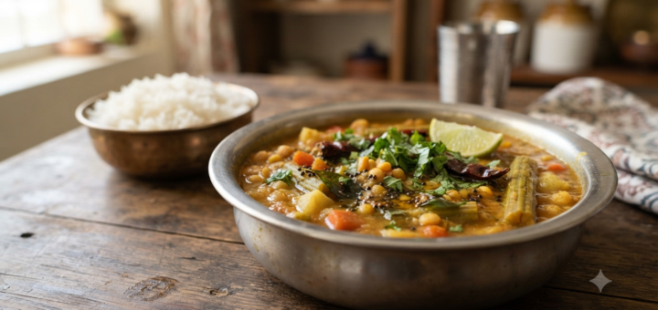 Sambar recipe with chana dal served thick with vegetables, curry leaves and coriander