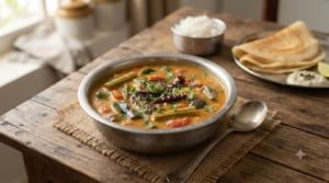 Sambar recipe with masoor dal served with mixed vegetables and curry leaf tempering