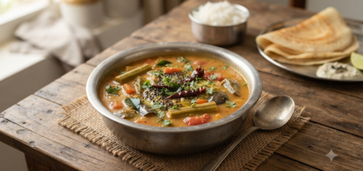 Sambar recipe with masoor dal served with mixed vegetables and curry leaf tempering