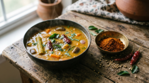 Sambar recipe with sambar powder served hot with drumstick, carrot and brinjal in the gravy
