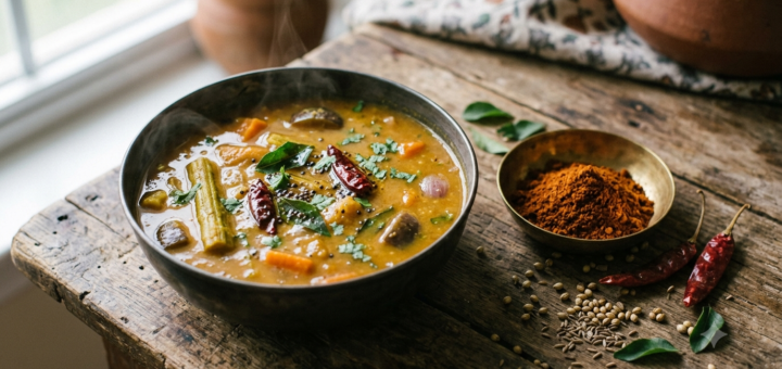 Sambar recipe with sambar powder served hot with drumstick, carrot and brinjal in the gravy
