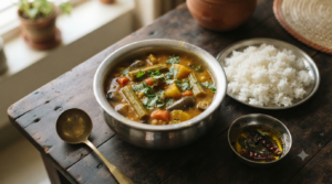 Sambar recipe without coconut served hot in a steel bowl with rice and curry leaves